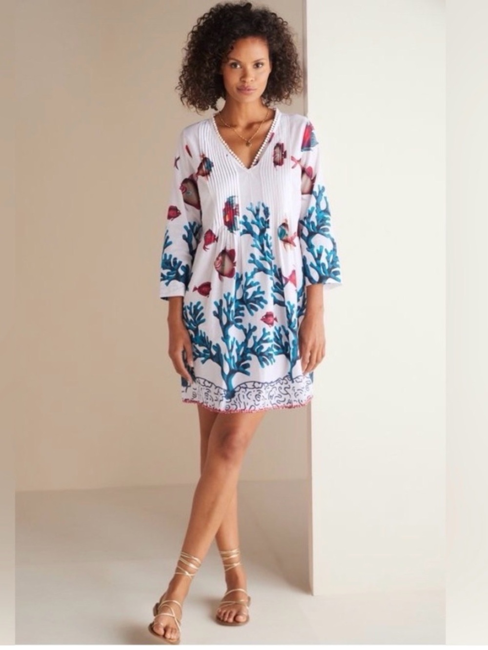 White Swim Cover-Up Kaftan with Blue Coral & Pink Fish Print